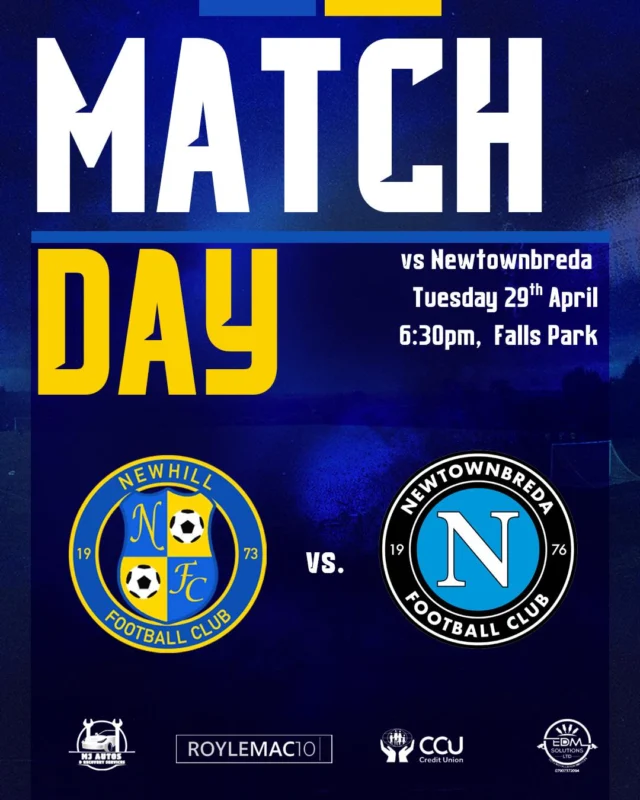 💙💛⚽️Match Day⚽️💛💙

It’s match day for our first team who take on Newtownbreda tonight. 

🏟️Falls Park
🕰️6:30pm

If our first team win tonight, they will clinch promotion into 2A. 

All support welcome to cheer the lads on 

💙💛⚽️