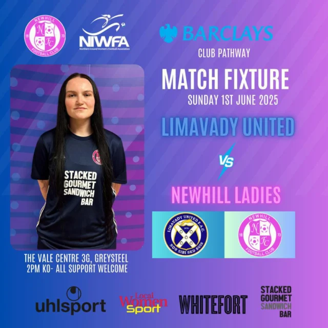 Our Senior Ladies are on the road again this weekend, playing away to Limavady.

The reverse fixture was the league opener for our girls and was an entertaining game for everyone involved so let’s hope this game can match it! 💙🩷💙🩷

Proudly sponsored by:

@barclaysfootball
@barclaysuk
@uhlsport UK 
@Northern Ireland Women's Football Association 
@thewhitefort
@Stacked Glen Road

#NewhillLadies  #Football  #SupportLocal #MatchDay #TeamSpirit #WomensFootball #barclays#barclaysuk #uhlsport#barclaysniwfaleagues #niwfa2025 
#stackedgourmetsandwhichbar #whitefort